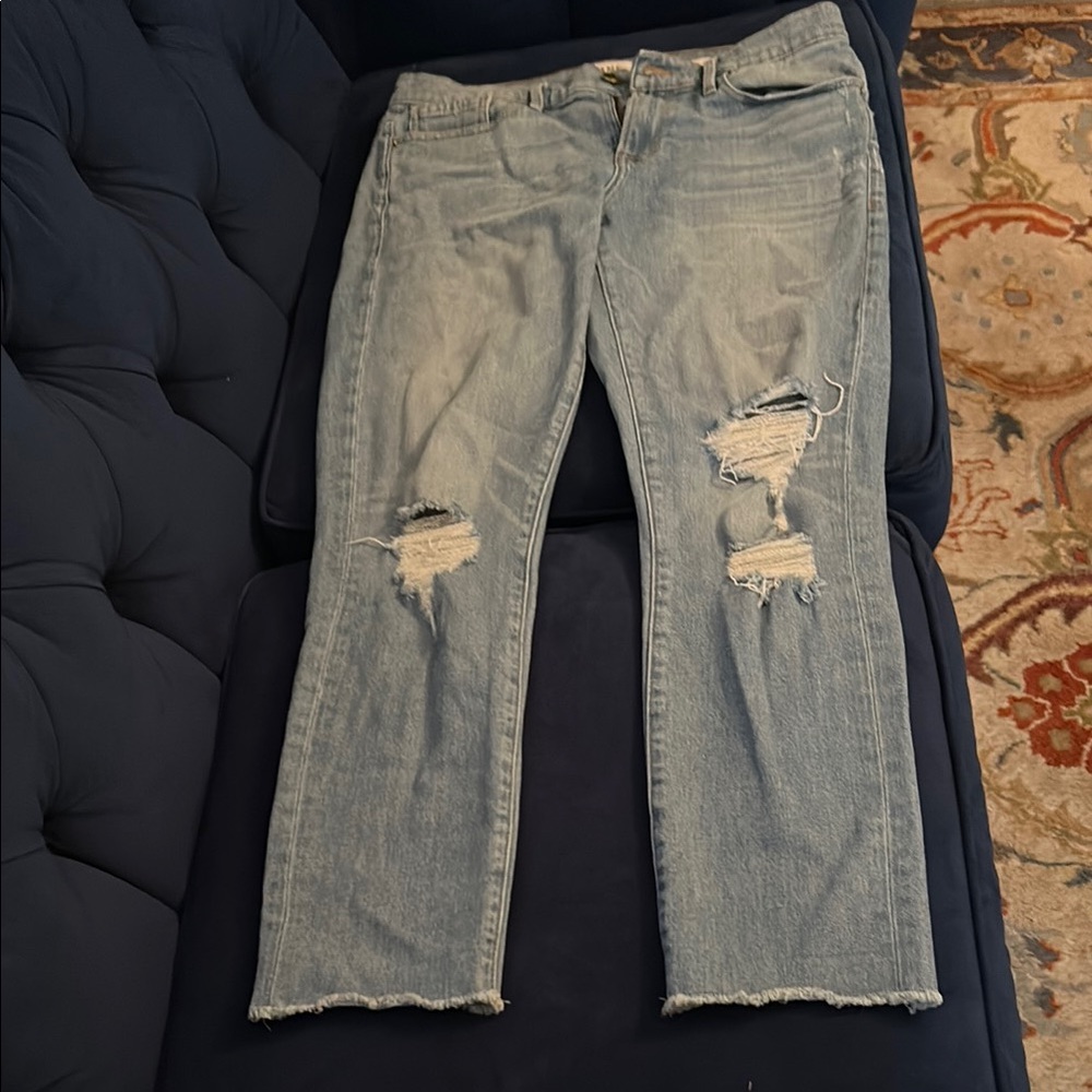 Frame Denim Blue Straight Leg Jeans with Distressed Details